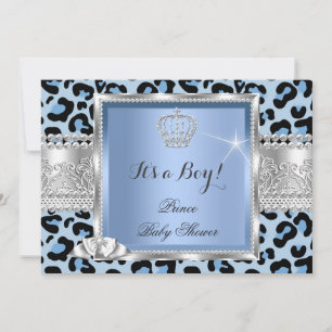 Prince Baby Shower Boy Blue Grey Leopard Invitation