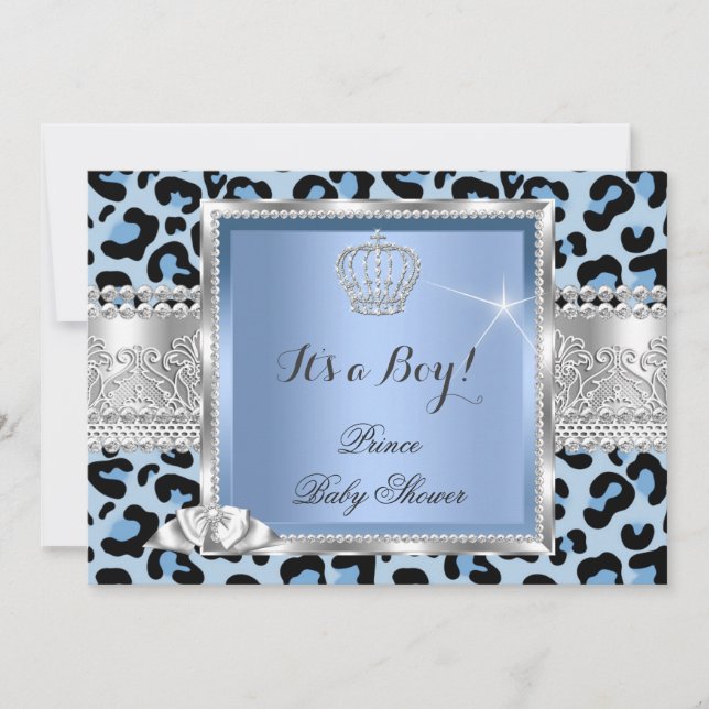 Prince Baby Shower Boy Blue Grey Leopard Invitation (Front)