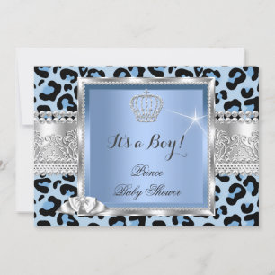 Prince Baby Shower Boy Blue Grey Leopard Invitation