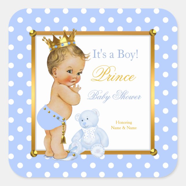 Prince Baby Shower Boy Blue Polka Dot Blonde Square Sticker (Front)