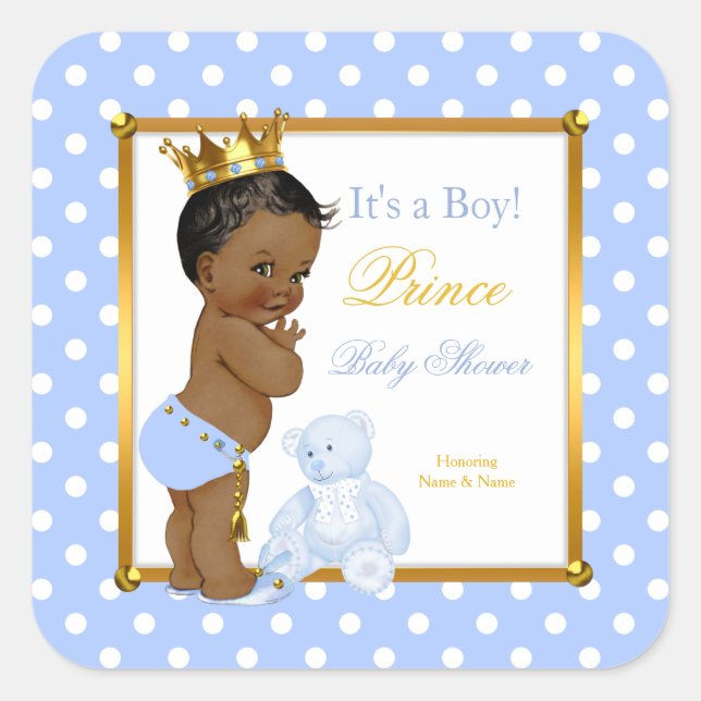 Prince Baby Shower Boy Blue Polka Dot Ethnic Square Sticker (Front)