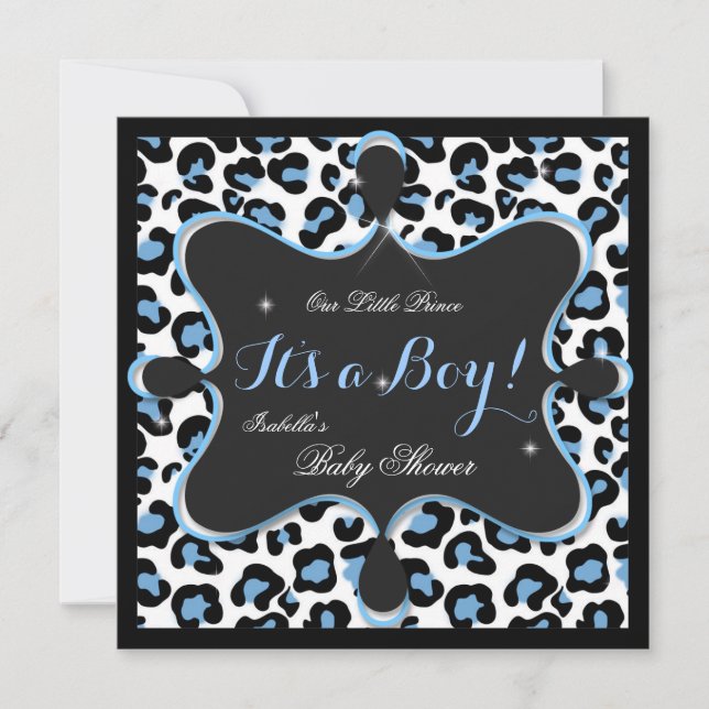 Prince Baby Shower Boy Blue White Leopard 2s Invitation (Front)