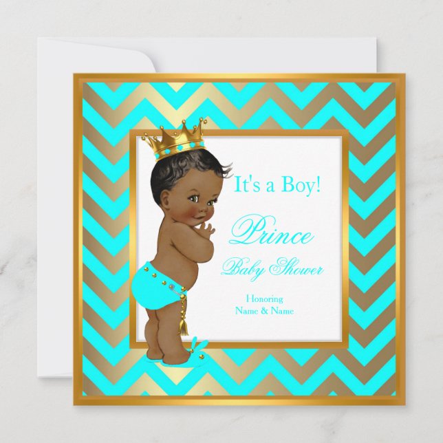 Prince Baby Shower Boy Gold Teal Blue Ethnic Invitation (Front)