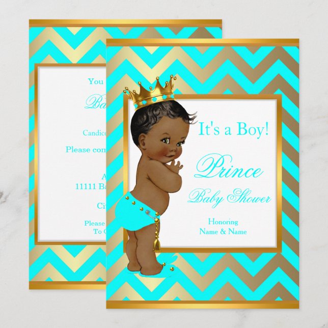 Prince Baby Shower Boy Gold Teal Blue Ethnic Invitation (Front/Back)