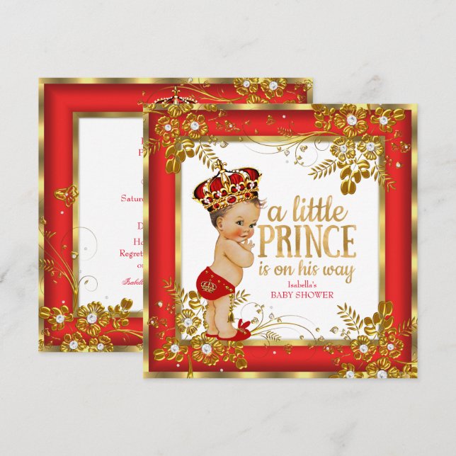 Prince Baby Shower Boy Red Gold White Brunette Invitation (Front/Back)