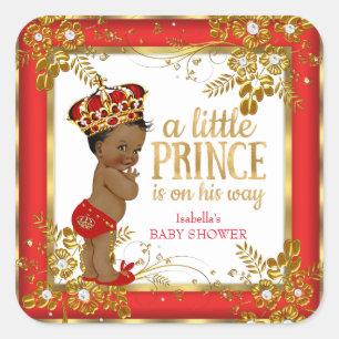 Prince Baby Shower Boy Red Gold White Ethnic Square Sticker