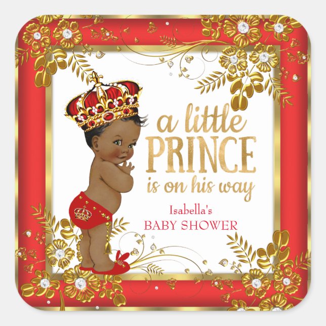Prince Baby Shower Boy Red Gold White Ethnic Square Sticker (Front)