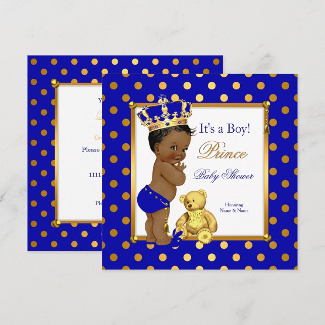 Prince Baby Shower Boy Royal Blue Gold Ethnic Invitation (Front/Back)