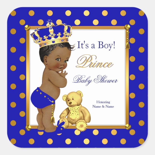 Prince Baby Shower Boy Royal Blue Gold Ethnic Square Sticker (Front)