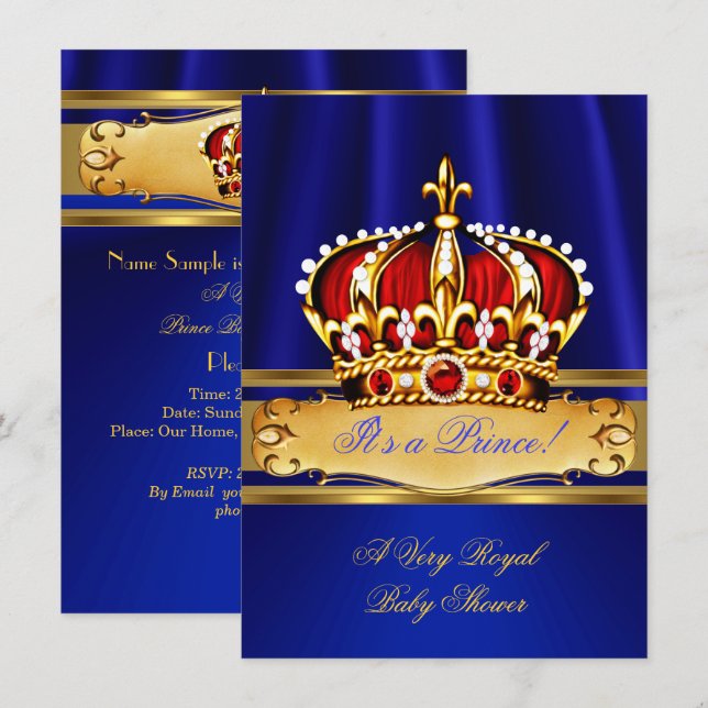 Prince Baby Shower Boy Royal Blue Gold Red Crown Invitation (Front/Back)
