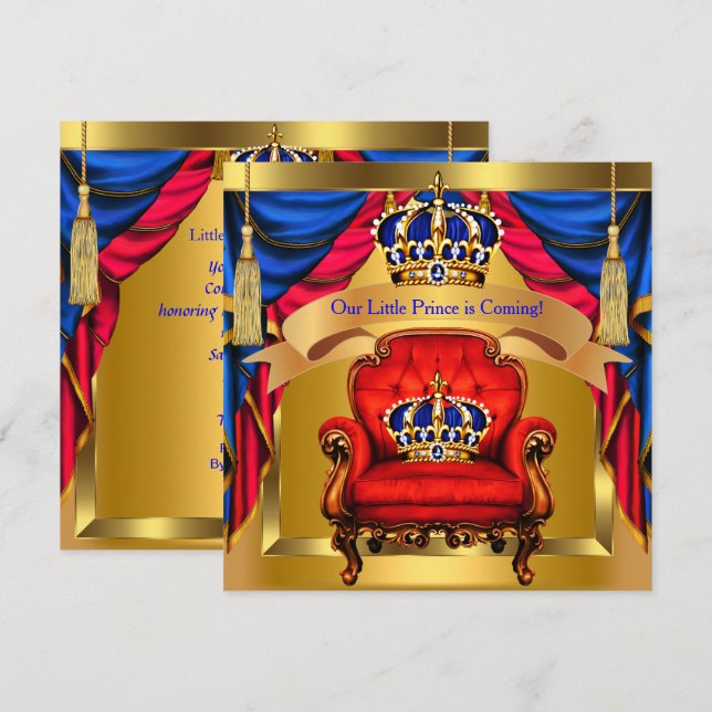 Prince Baby Shower Boy Royal Blue Red Gold Invitation (Front/Back)