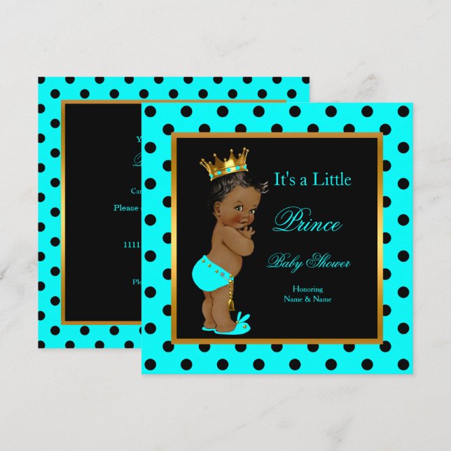 Prince Baby Shower Boy Teal Black Ethnic Invitation (Front/Back)