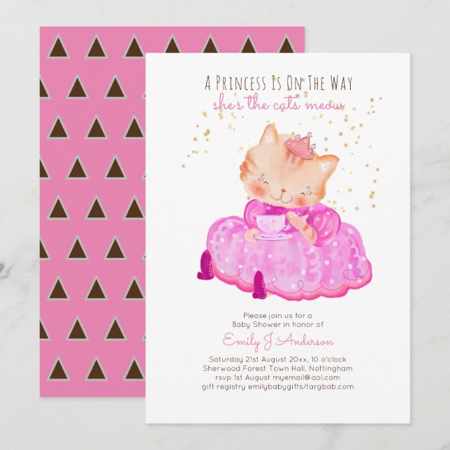 Prince Baby Shower Cats Kitten Girls Pink Cute Invitation (Front/Back)