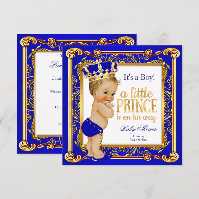 Prince Baby Shower Damask Blue Gold Blonde Boy Invitation (Front/Back)
