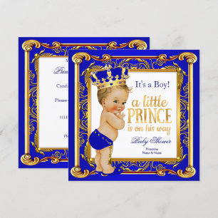 Prince Baby Shower Damask Blue Gold Blonde Boy Invitation