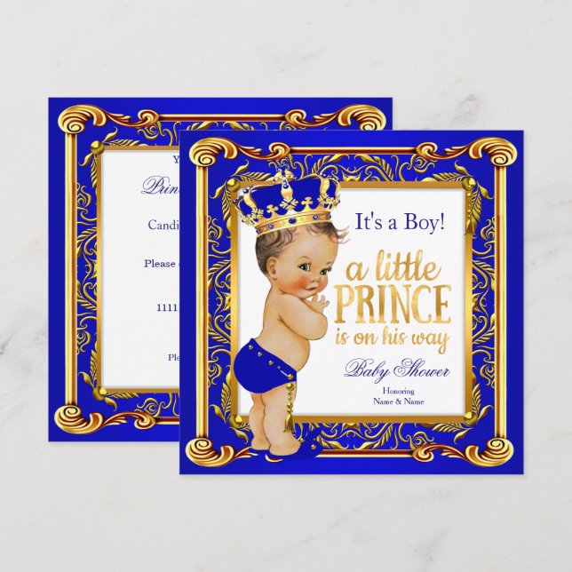 Prince Baby Shower Damask Blue Gold Brunette Invitation (Front/Back)