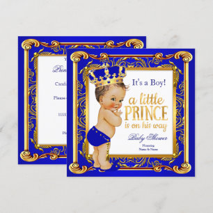 Prince Baby Shower Damask Blue Gold Brunette Invitation