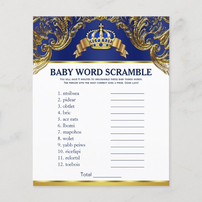 Prince Baby Shower Games Word Scramble Rhyme Quiz (Front)