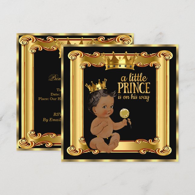 Prince Baby Shower Gold Faux Foil Black Ethnic Invitation (Front/Back)