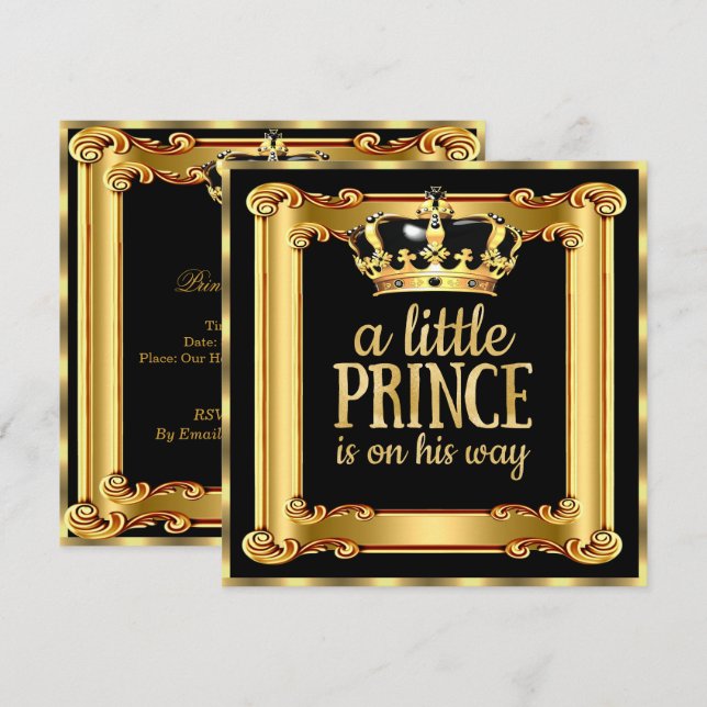 Prince Baby Shower Gold Faux Foil Black Frame Invitation (Front/Back)
