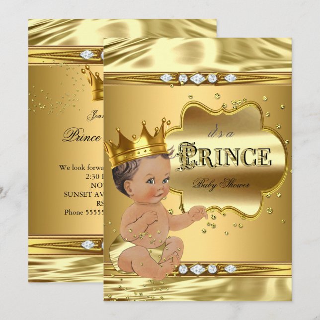 Prince Baby Shower Gold Foil Brunette Baby Boy Invitation (Front/Back)