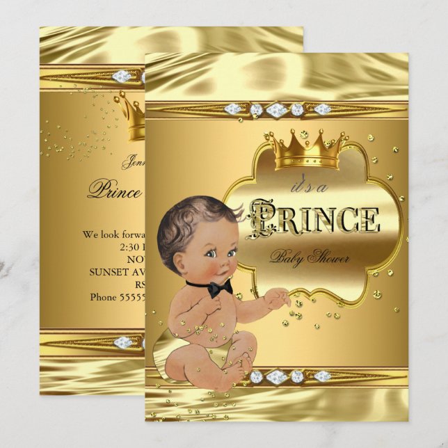 Prince Baby Shower Gold Foil Brunette Bow Tie Invitation (Front/Back)