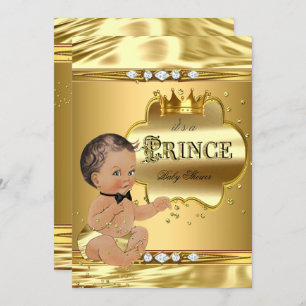 Prince Baby Shower Gold Foil Brunette Bow Tie Invitation