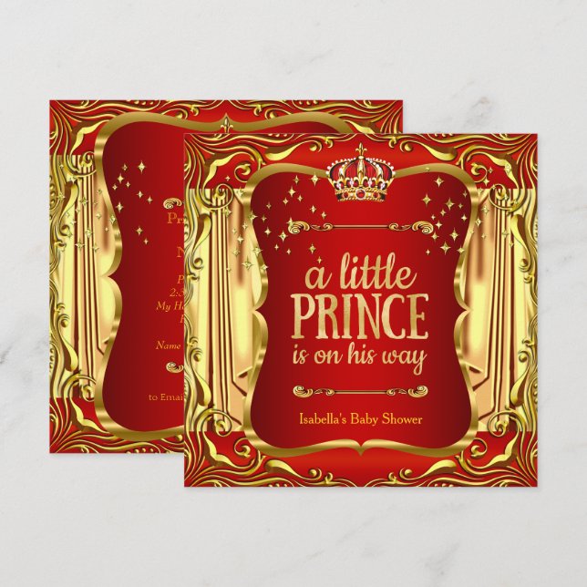Prince Baby Shower Red Gold Boy Invitation (Front/Back)