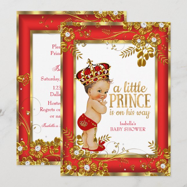 Prince Baby Shower Red Gold White Brunette Boy Invitation (Front/Back)