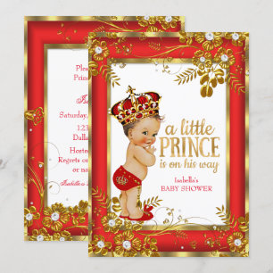 Prince Baby Shower Red Gold White Brunette Boy Invitation