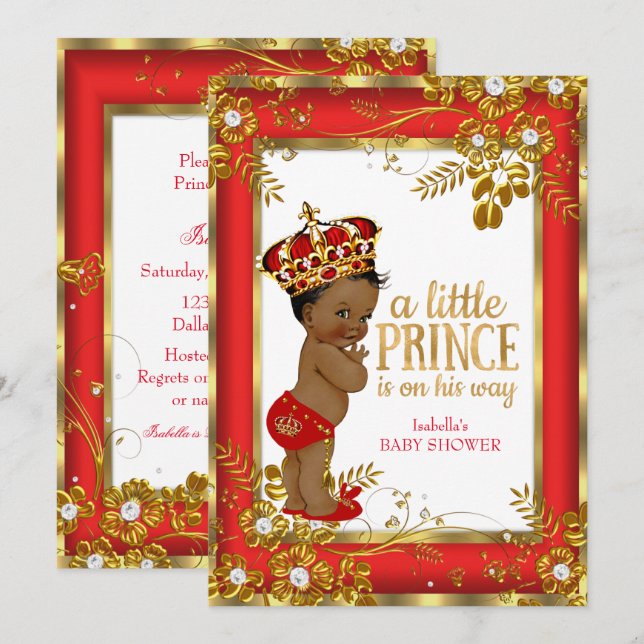 Prince Baby Shower Red Gold White Ethnic Invitation (Front/Back)