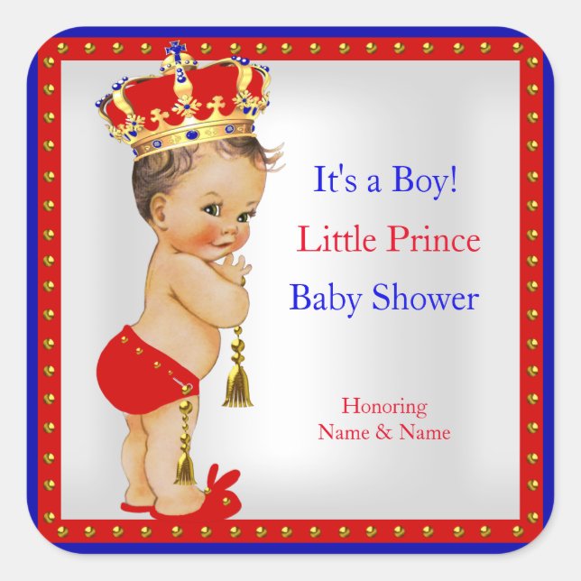 Prince Baby Shower Red White Blue Boy Brunette Square Sticker (Front)