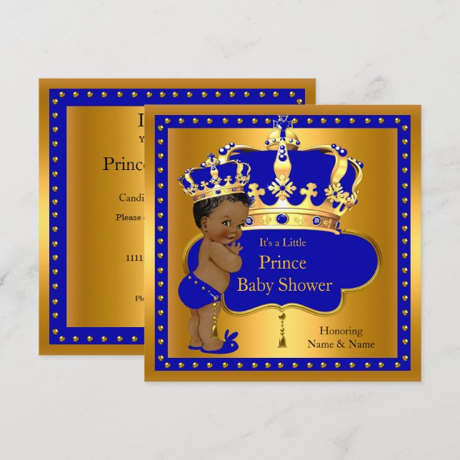Prince Baby Shower Royal Blue Boy Crown Ethnic Invitation (Front/Back)