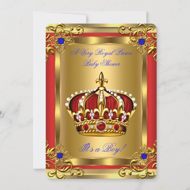 Prince Baby Shower Royal Blue Boy Regal Red Gold Invitation (Front)