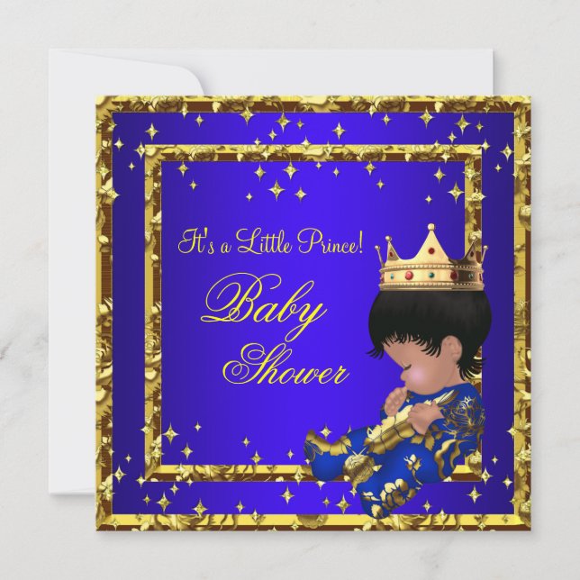 Prince Baby Shower Royal Blue Gold Boy crown Stars Invitation (Front)