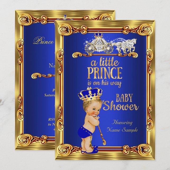Prince Baby Shower Royal Blue Gold Carriage Blonde Invitation (Front/Back)