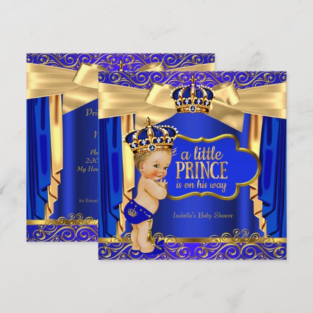 Prince Baby Shower Royal Blue Gold Drapes Blonde Invitation (Front/Back)