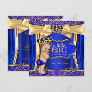 Prince Baby Shower Royal Blue Gold Drapes Brunette Invitation