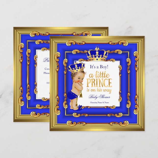 Prince Baby Shower Royal Blue Gold Frame Brunette Invitation (Front/Back)
