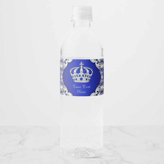 Prince Baby Shower Water Bottle Labels Blue Silver (Front)