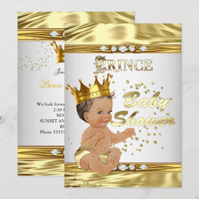 Prince Baby Shower White Gold Foil Brunette Invitation (Front/Back)