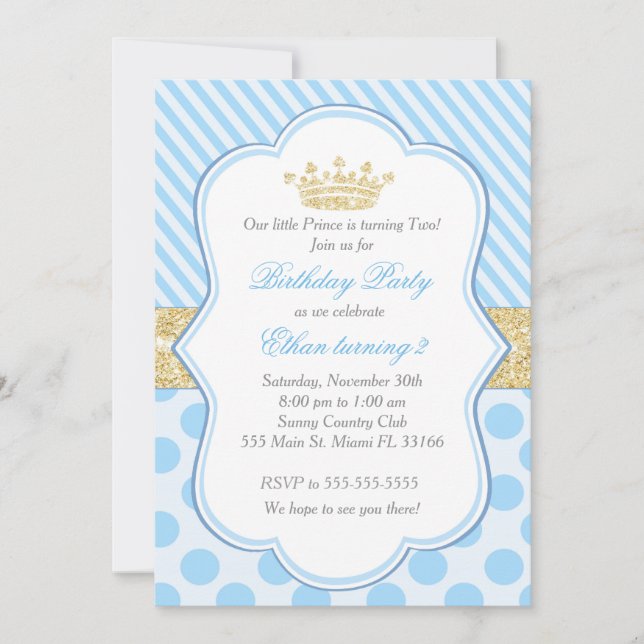 Prince Birthday Party Invitation Blue Gold Glitter (Front)