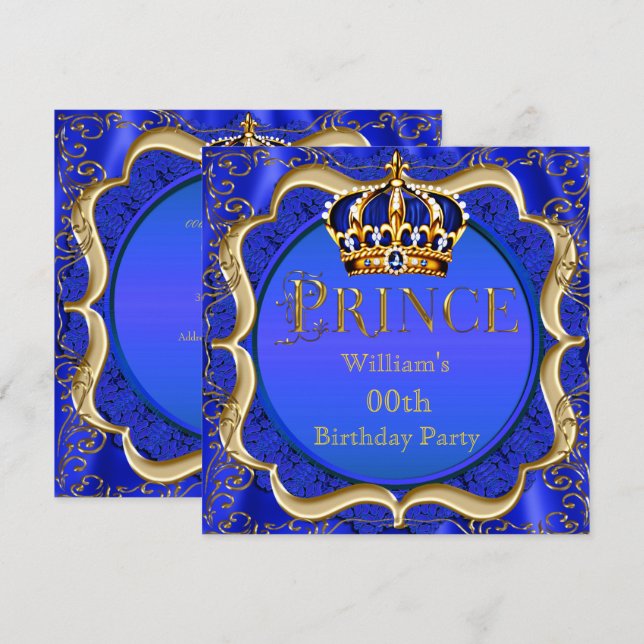 Prince Birthday Royal Blue Gold Crown Mens Invitation (Front/Back)