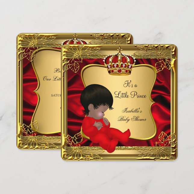 Prince Boy Baby Shower African American Red Gold Invitation (Front/Back)