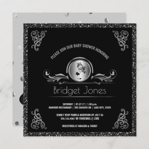 Prince Boy Baby Shower Black Silver Faux Glitter Invitation