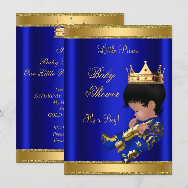 Prince Boy Baby Shower Blue 2 African American Invitation (Front/Back)