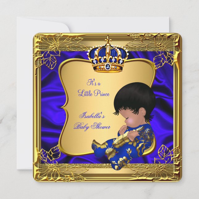 Prince Boy Baby Shower Blue African American Gold Invitation (Front)