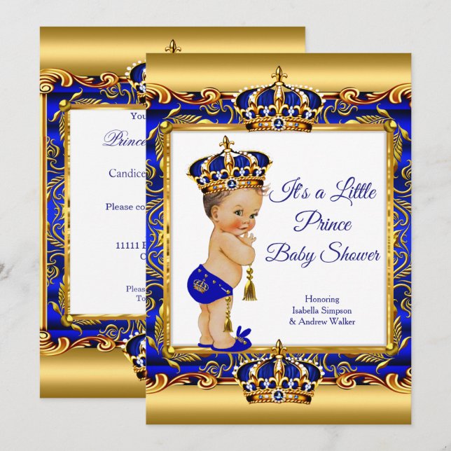 Prince Boy Baby Shower Blue Ornate Gold Brunette Invitation (Front/Back)