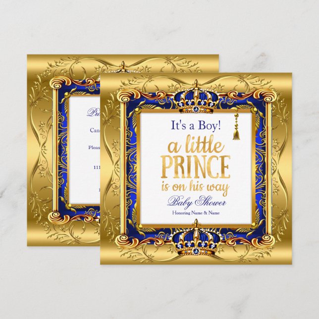 Prince Boy Baby Shower Blue Ornate Gold Invitation (Front/Back)