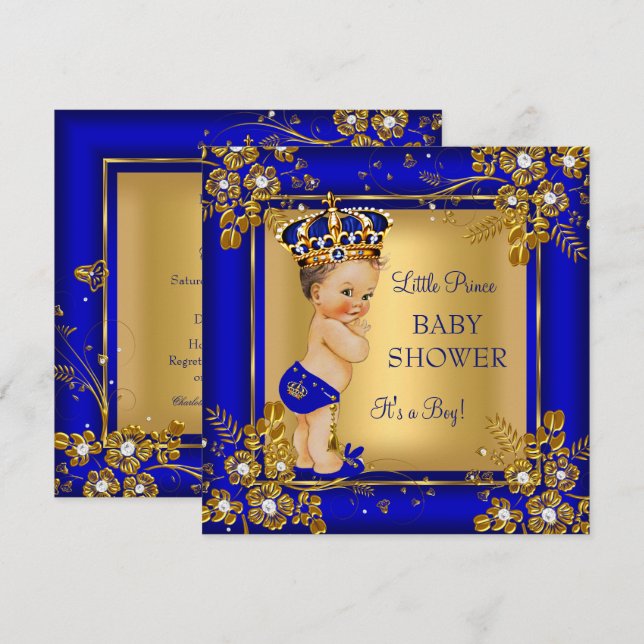 Prince Boy Baby Shower Gold Blue Brunette Invitation (Front/Back)